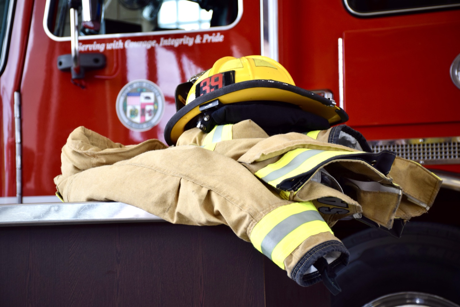 LAFD firefighter helmet and jacket